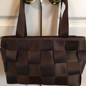 Basketweave brown ribbon purse